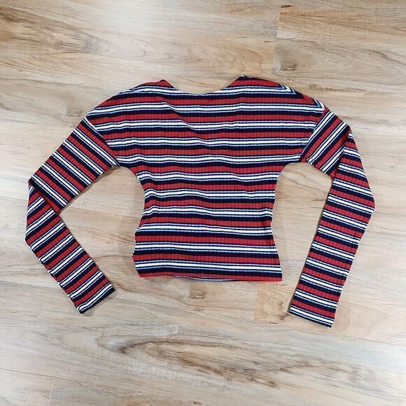 🔸️Free People Red & Blue Striped Ribbed & Cropped Long Sleeve Top Small - Picture 3 of 10